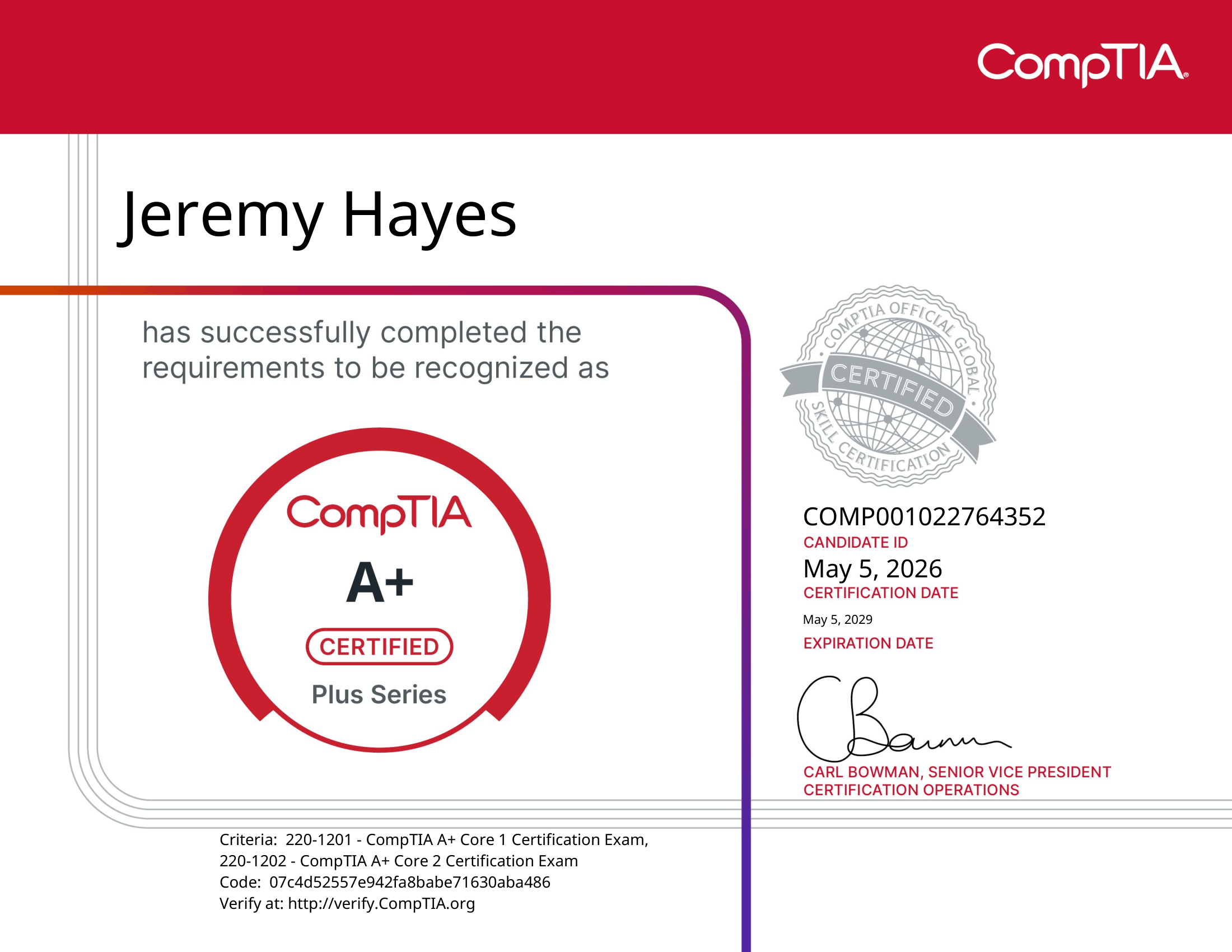 CompTIA A+ certificate