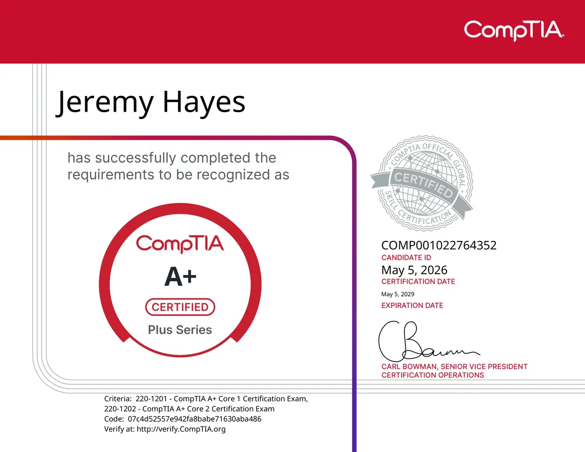 CompTIA A+ certificate