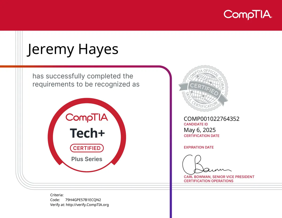 CompTIA Tech+ certificate